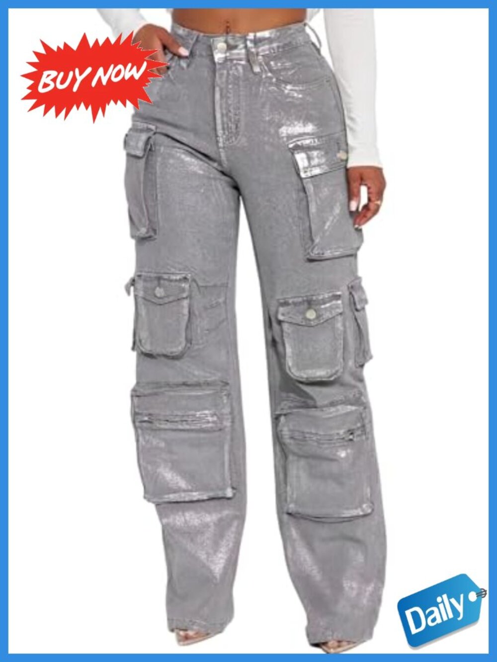 Women's Cargo Jeans High Waisted Straight Leg Stretchy Denim Pants
